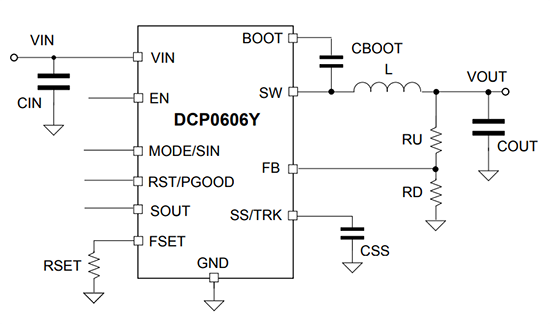 Schéma du circuit d'application - STMicroelectronics Convertisseur abaisseur automobile DCP0606Y 6V/6A